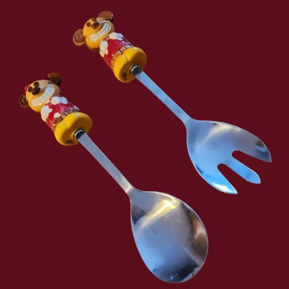 Disney Store Tiki Kingdom Mickey Minnie Mouse Serving Stainless Fork & Spoon Set